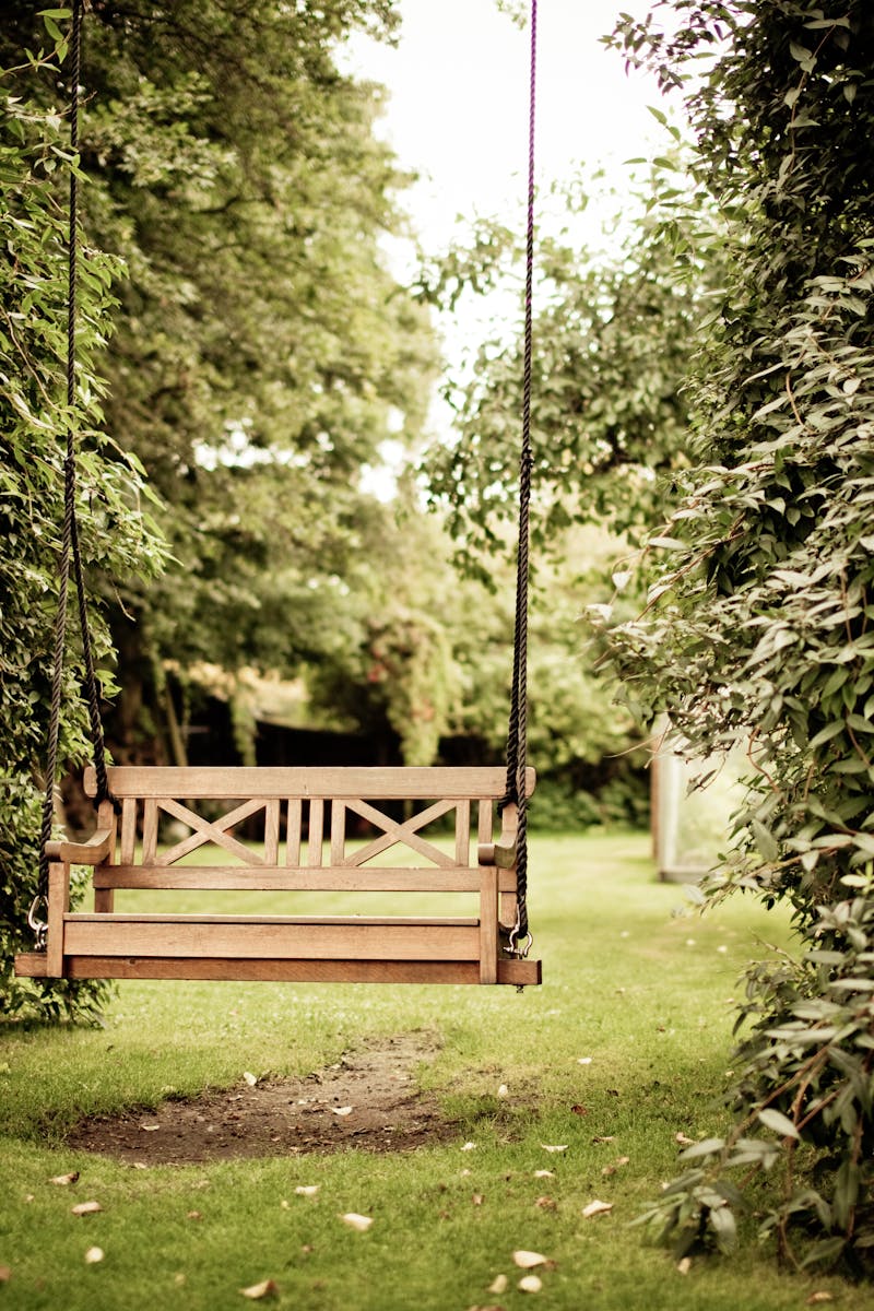 A tranquil wooden swing hanging in a verdant garden setting, ideal for relaxation.